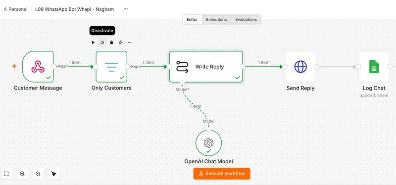 workflow في n8n لبوت WhatsApp: رسالة العميل، فلتر للعملاء، رد مكتوب بالـ AI، إرسال الرد، وتسجيل المحادثة في شيت