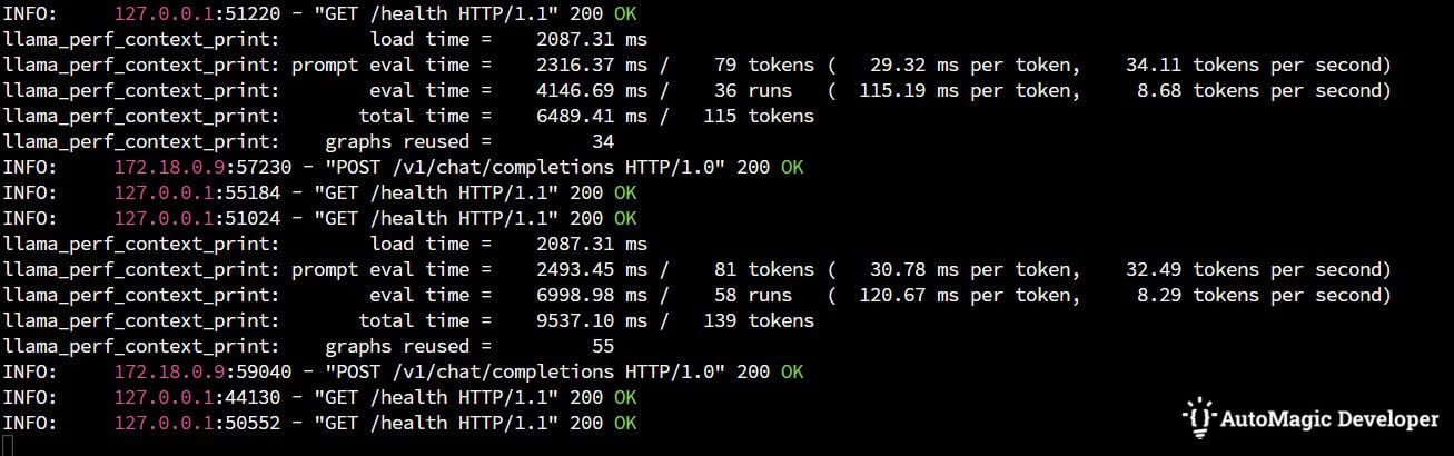 Service logs showing the ai chatbot integration service in action