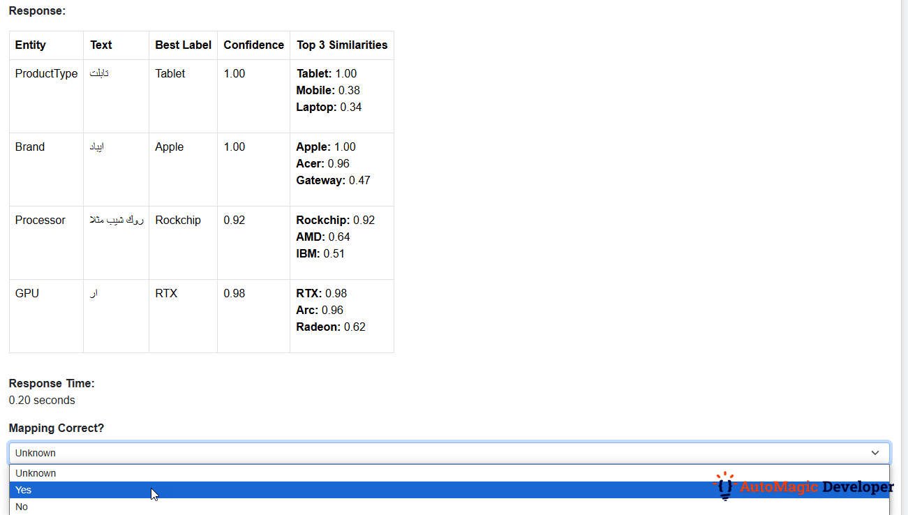 The human audit interface, where an admin can review the AI's mapping and mark it as correct or incorrect for retraining.