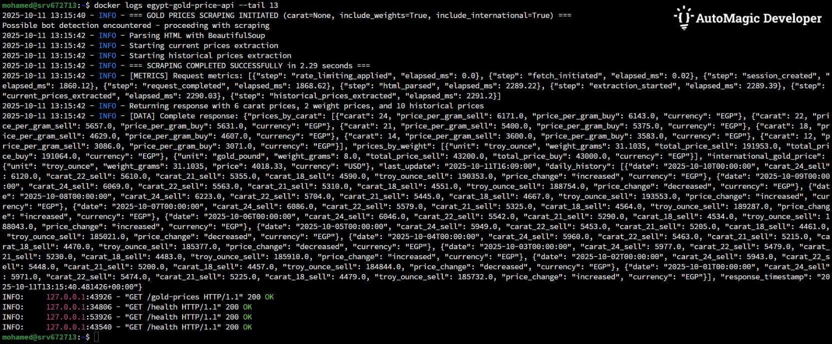 API response log showing scraped gold price data for the custom chatbot integration