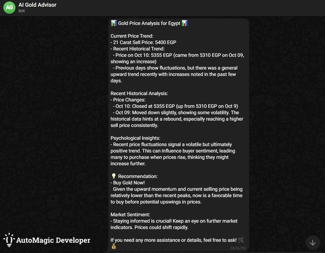 AI Gold Advisor's daily report on Telegram, a result of a custom AI integration