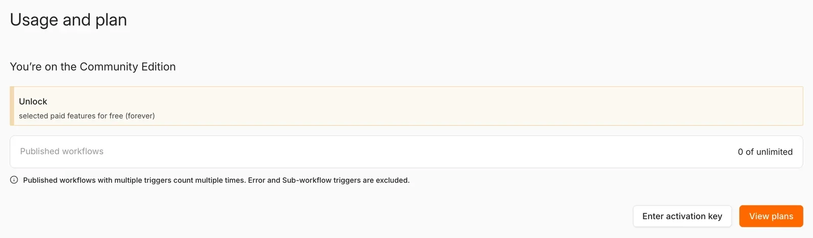 شاشة Usage and plan في n8n Community بتقول إن الـ workflows المنشورة من غير حد