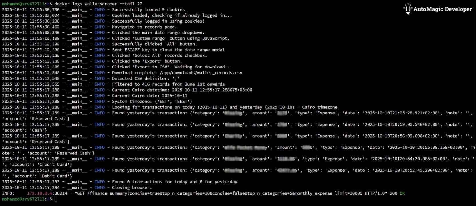 Image for API output that I developed to scrape the Wallet web application