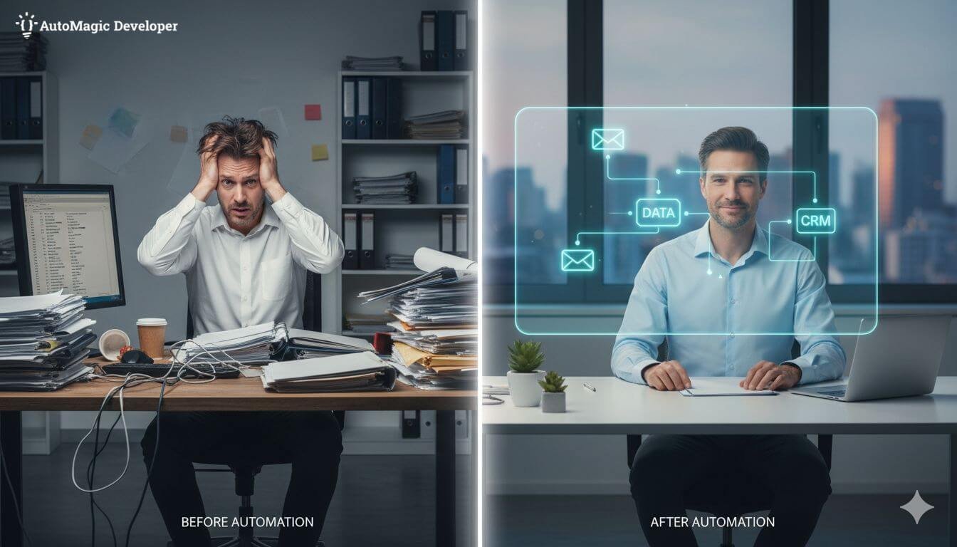 A person overwhelmed by manual work before and after using automation to automate business processes.