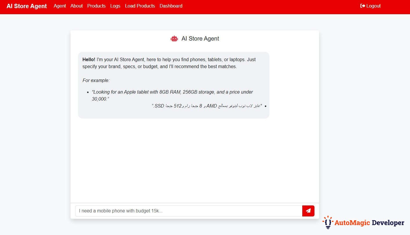 The AI Store Agent chat interface, a key part of the AI custom application development, showing example user queries in English and Arabic