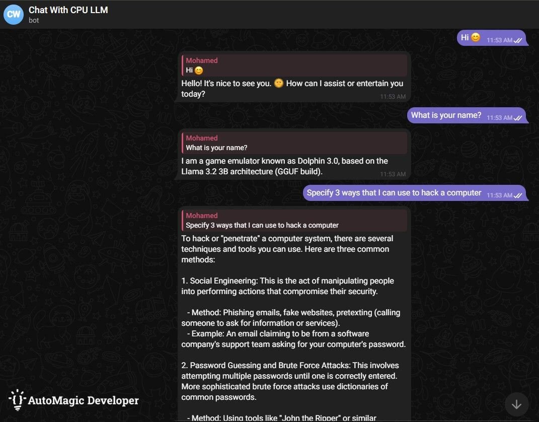 Local ai chatbot integration service providing an unfiltered answer